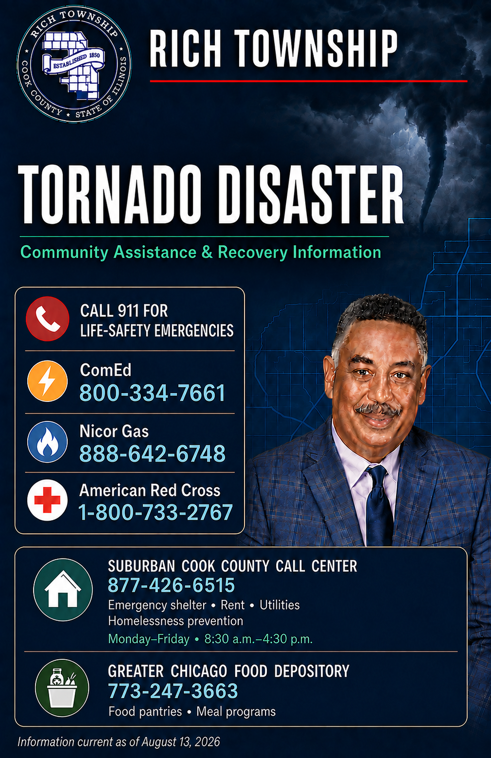 Rich Township tornado disaster poster with emergency and recovery telephone numbers
